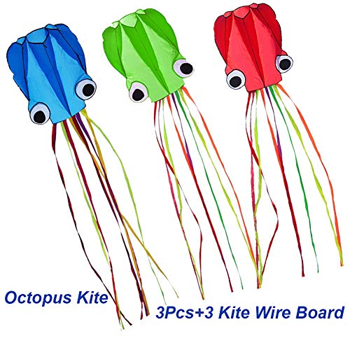 Milky House 3 Pack Octopus Kite, 3D Kite Long Tail Easy Flyer Kites Beach Kites Kids Adults Gift 3 Colors (Blue Green Red)