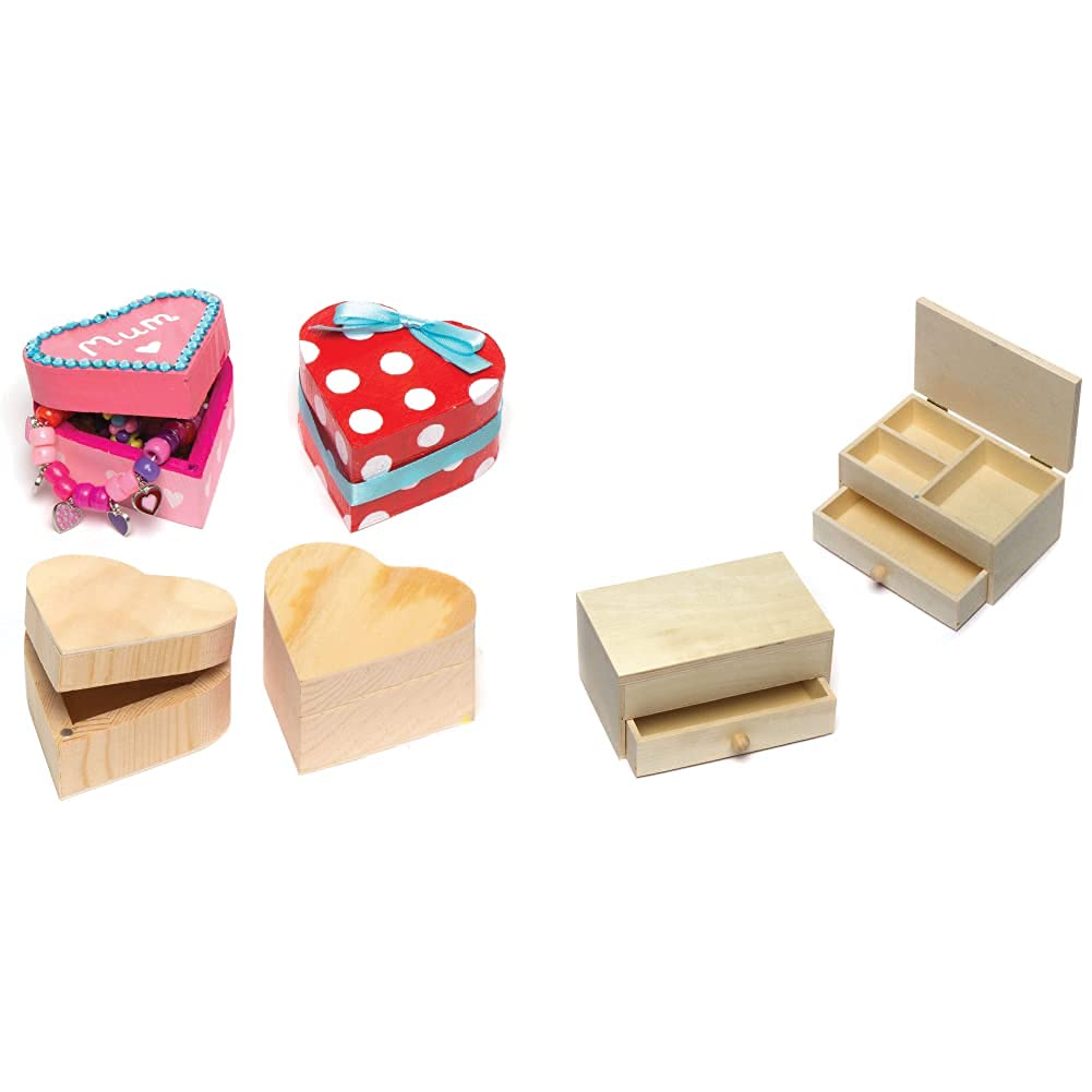 Baker Ross EK2436 Wooden Heart Boxes (Pack of 4) & AR143 Wooden Jewellery Boxes Craft Project — Ideal for Kids' Arts and Crafts, Gifts, Keepsakes and More (Pack of 2), 12cm x 7cm x 6cm