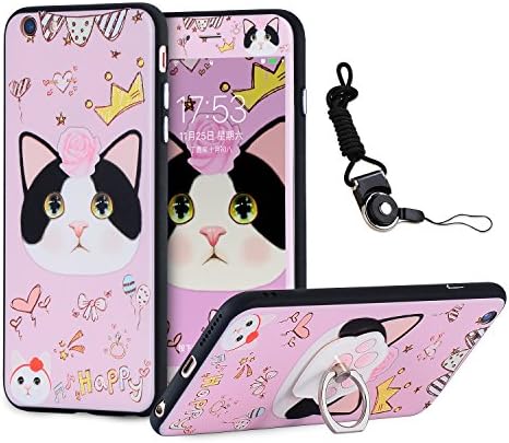 iPhone 7 Plus Case, iPhone 8 Plus Case With Holder Ring Kickstand, 360 Full Body Thin Hard Cartoon Cat Cover With Tempered Glass Film Screen Protector And Lanyard Shell Skin For iPhone 7/8 Plus 5.5"
