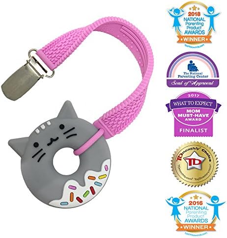 Silli Chews 2 Inch Mini Donut Food Teething Toy Grey Kitty Cat Toy Animal Teether with Pink Pacifier Teether Strap Clip for Girls Popular Shower Gift Gum Soother