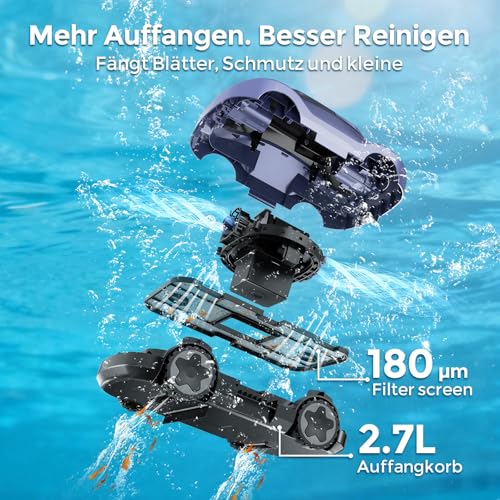 Pool Robot, Wireless Pool Vacuum Cleaner, Battery, Cordless Pool Robot, 180 Minutes Running Time, Strong Suction Power, Intelligent Navigation, Ultra Fine Filtration, Car Parking, Pool Vacuum Cleaner