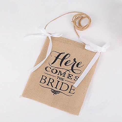 iFun iCool Here Comes the Bride Rustic Theme Wedding Burlap Sign Bannerx with Ivory Ribbon, 15 x 20 Inches