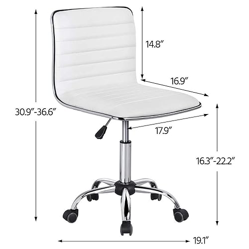 Yaheetech Adjustable Task Chair PU Leather Low Back Ribbed Armless Swivel  White Desk Chair Office Chair Wheels