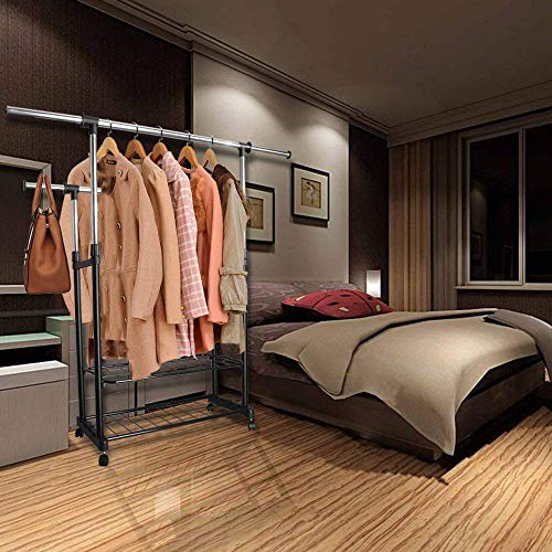 PowCube Adjustable Garment Rolling Double Rods Collapsible Clothing Rack with 2 Shelves, Large, Black