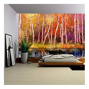 Oil Painting Landscape - Colorful Autumn Trees. Semi Abstract Image of Forest - Removable Wall Mural | Self-Adhesive Large Wallpaper - 66x96 inches