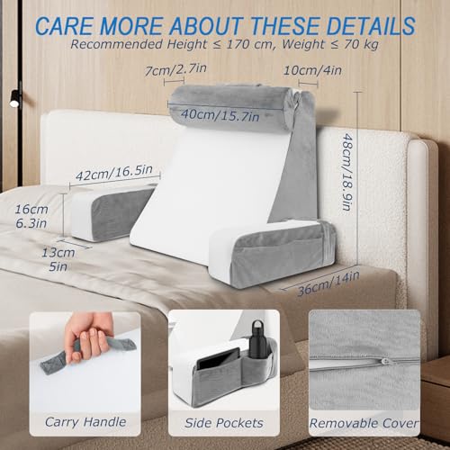 HOMCA Reading Pillow for Bed – Back Support Cushion with Cervical Pillow and Removable Armrests, Reading Pillow for Relaxing, Watching TV or Reading (36 x 40 x 48 cm)