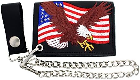 Embroidered Eagle on American Flag Men's Black Leather Chain Wallet Trifold