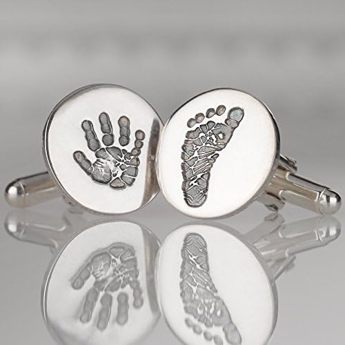 Personalized Round Silver Cufflinks with Yours or Your Own Child's Hand Print and Foot Print Impressions