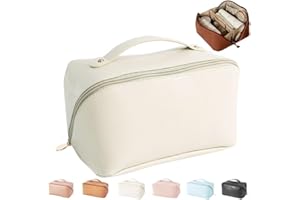 MINGRI Large Capacity Travel Cosmetic Bag for Women,Portable PU Leather Makeup Bag Water Resistant,Flat Open Multifunctional Storage Travel Toiletry Bag with Divider and Handle(White)