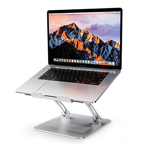 Laptop Stand, OMOTON Height Adjustable Aluminum Laptop Holder with Fooling Function and Laptop Stand Clamp for USB-C Hub, Compatible with All Computers and Laptops of 10-17.3″, Silver