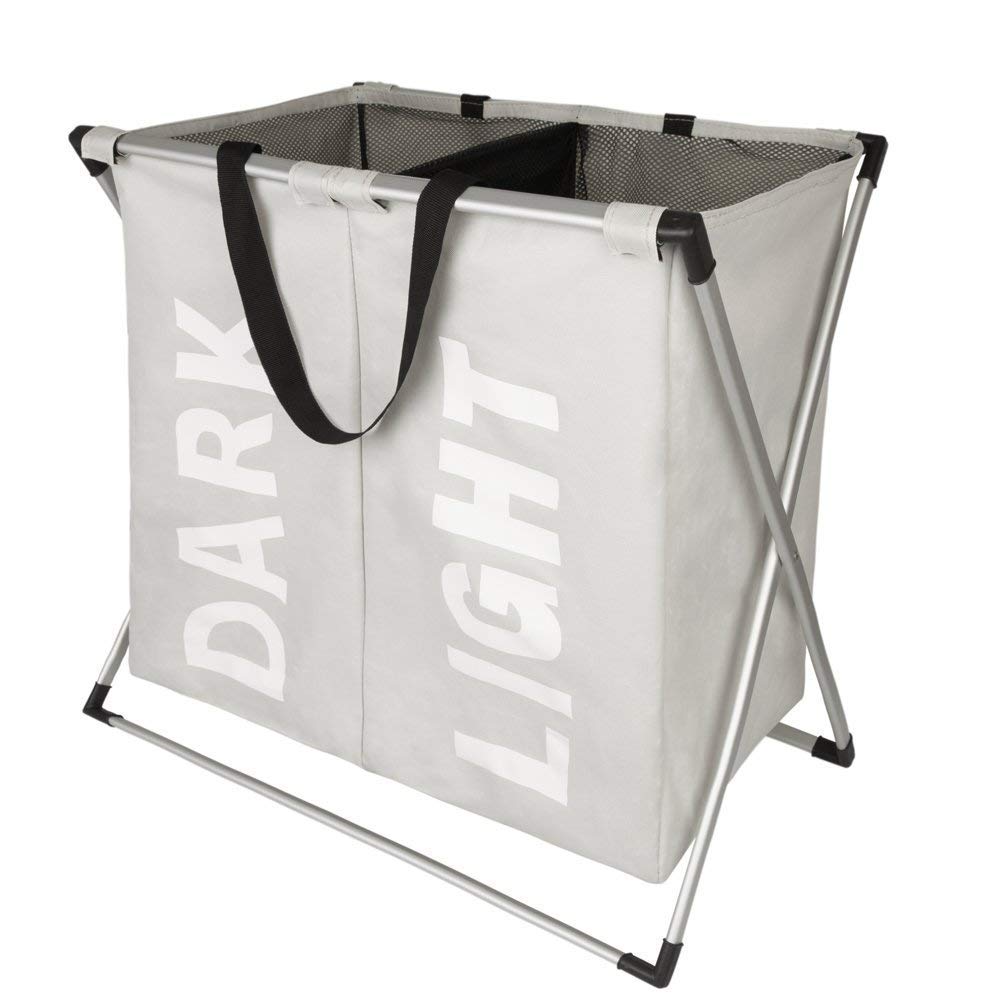 WISHPOOL 2 Section Laundry Hamper Bag with X-Frame Dirty Clothes Hamper Double Laundry Basket for Bathroom Bedroom Home（Beige）