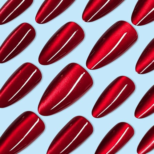 24 Pcs Spring Red Press on Nails Short Almond - YEFIUO Cat's Eye Nail Tips Acrylic Nail Kit Fake Nails Press ons French Glue on Nails Short Nail Art Full Cover Glitter False Nails for Women - Image 6
