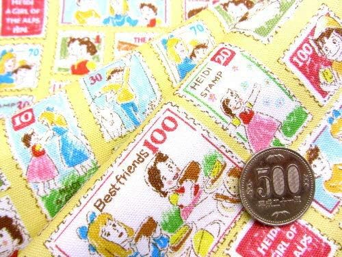 Amazon 40cm単位で販売 キャラクター 生地 アルプスの少女ハイジ 切手柄 イエロー 柄番号７ 手芸 生地 キャラクター 布 はぎれ ハギレ カットクロス ピロル 布 生地 通販