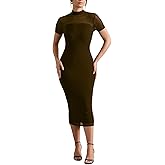 JerXox Women's Casual Mesh Short Sleeve Bodycon Mock Neck Keyhole Back Slim Club Party Midi Dresses