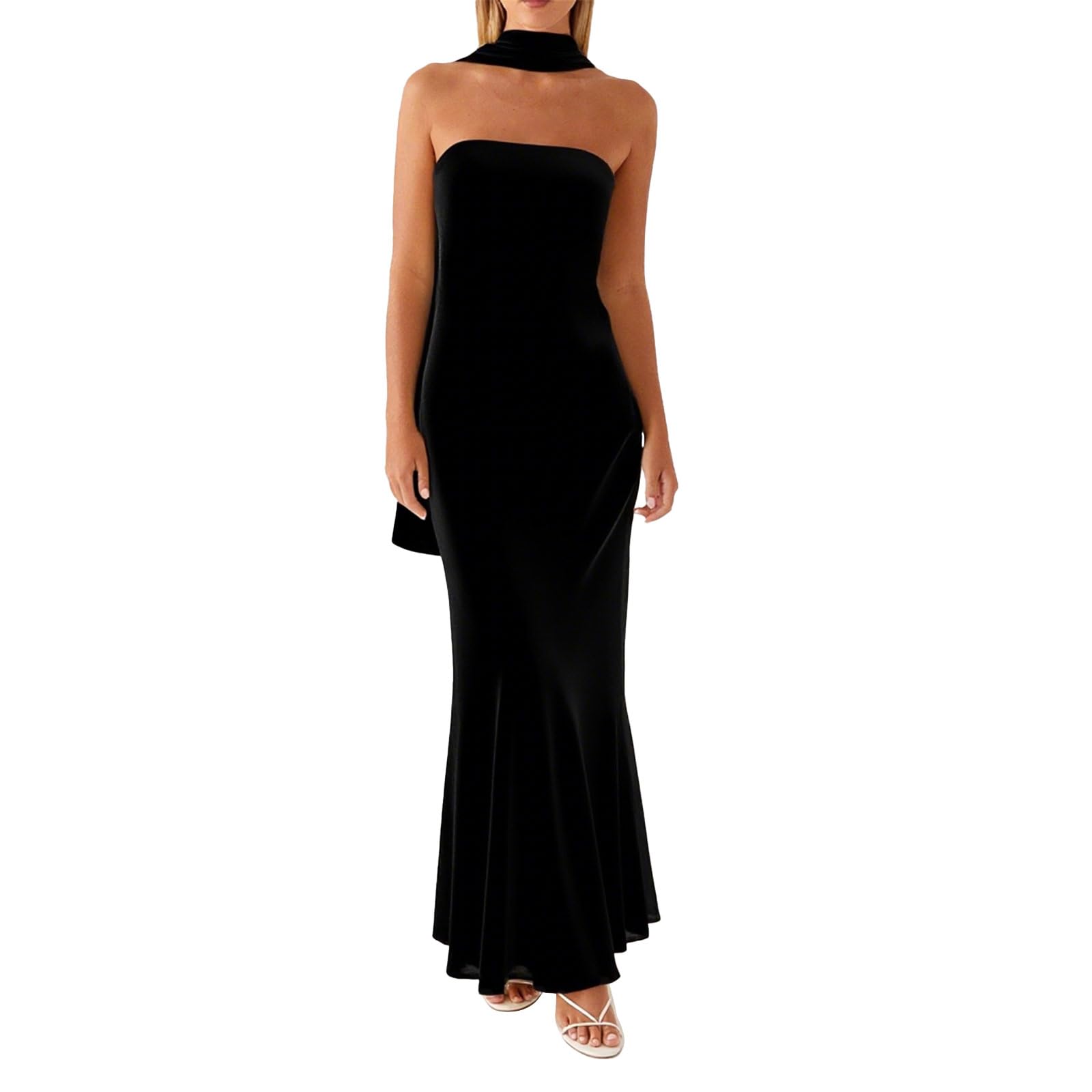Photo 1 of Women Floral Tube Maxi Dress with Scarf Summer Strapless Tube Bodycon Mesh Layer Cocktail Party Wedding Guest Dress (US, Alpha, X-Small, Regular, Regular, Solid Black)