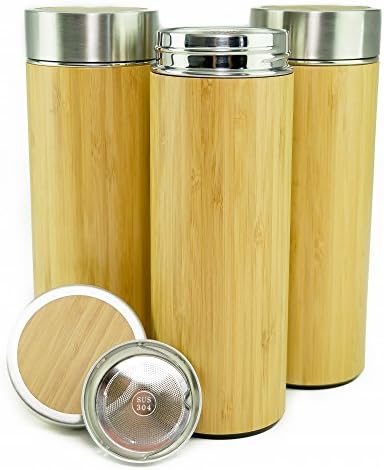 Travel Coffee Mug Tumbler by Hibou Mugs in Bamboo keeps tea hot/cold for hours, no water marks. Insulated Stainless Steel bottle has spill proof lid, infuser. Enhance your drink experience now!