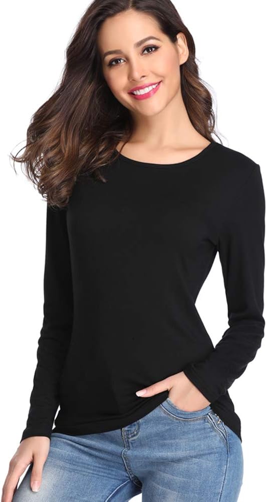 fuinloth Women’s Basic Long Sleeve T Shirts, Crewneck Slim Fit Spandex Tops, Plain Layer Underscrub Tees: Clothing