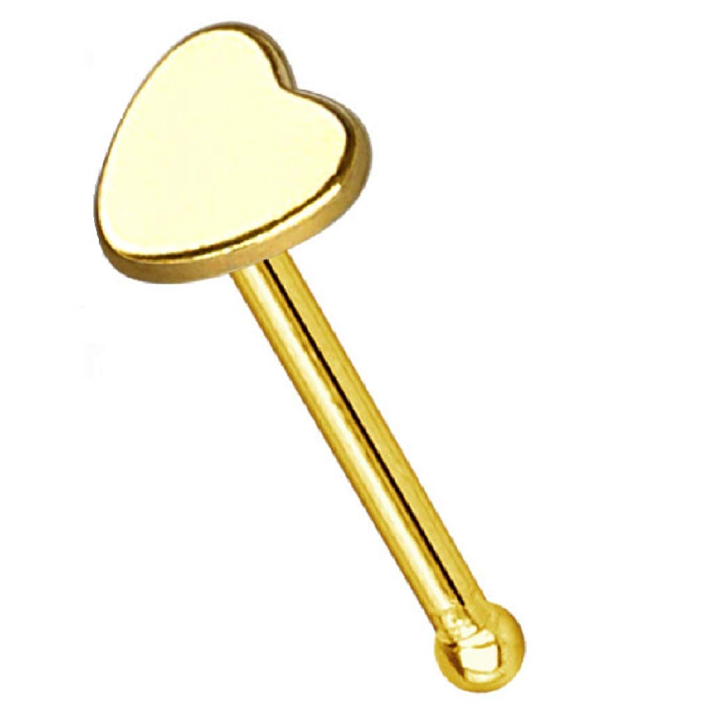 PiercedOff Gold Tone IP Over 316L Surgical Steel Nose Bone Stud with Heart Head - Thickness 20GA (0.8mm) / Length 6mm / Heart Size 3mm