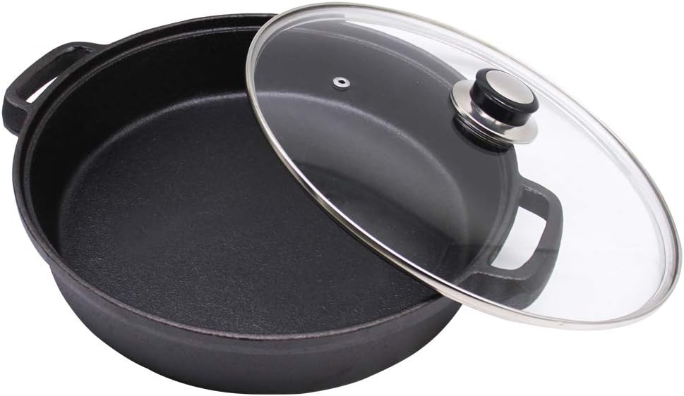 Cast Iron Skillet with Tempered Glass Lid, 12-Inch Double Handled Cast Iron Deep Frying Pan with Lid