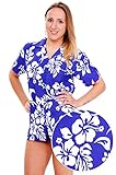 Funky Hawaiian Blouse Women Short-Sleeve Front-Pocket Hibiscus Flower Indigoblue