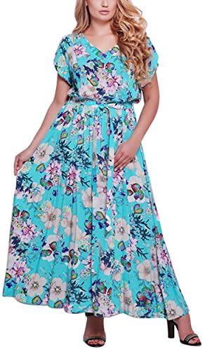 CACNCUT Women's Plus Size Dresses Floral Printed Maxi Dress Green 18W