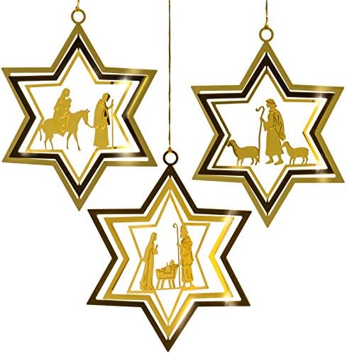 SIKORA BS167 Set of 3 Star-Shaped Nativity Christmas Tree Decorations Gold Metal Bauble in Traditional Design