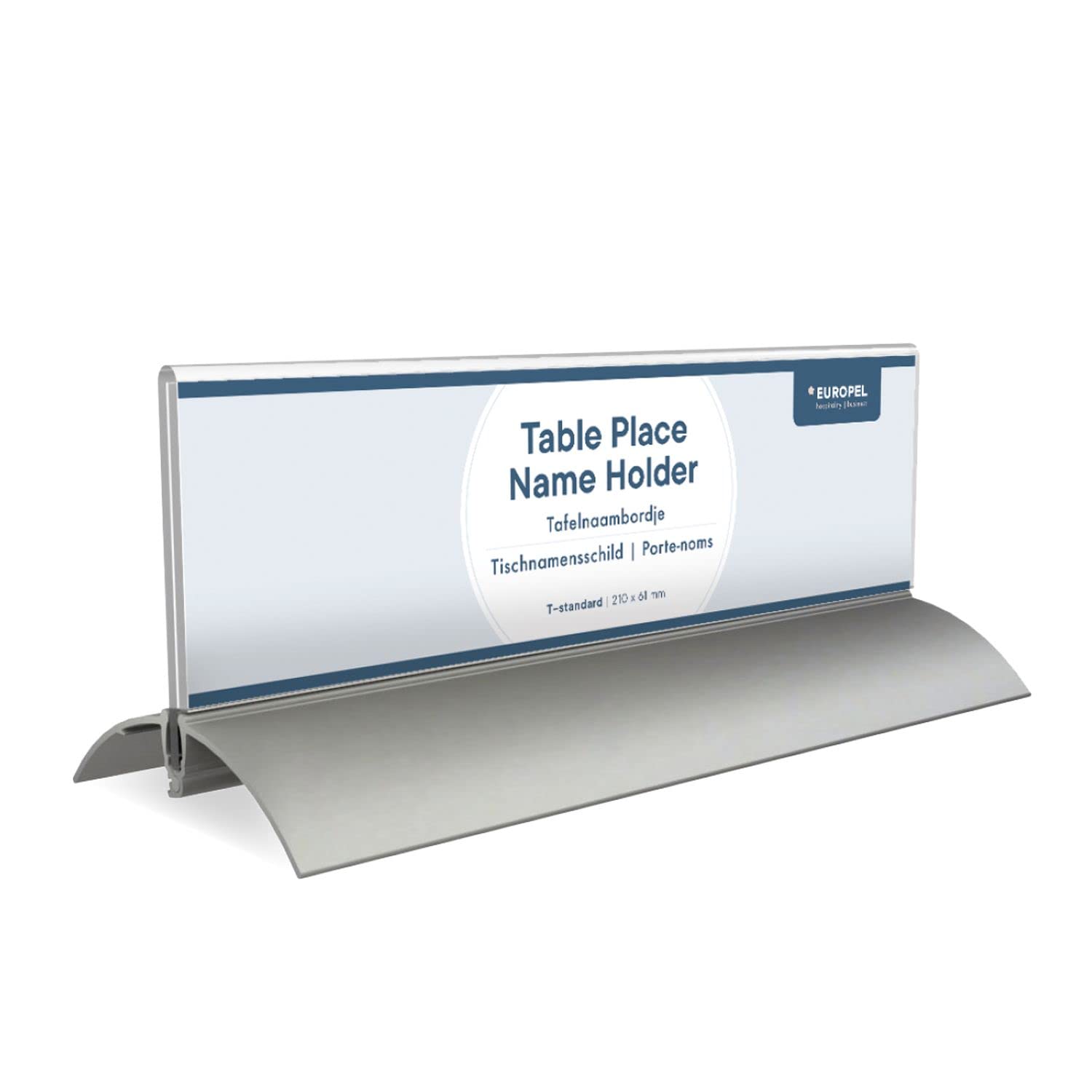 Europel Table Place Name Holder, 61 x 210 mm, Clear Acrylic Construction, Double Sided Sign Holder, Name Display for Conferences, Meetings, Receptions, Free-Standing Design with Aluminium Base