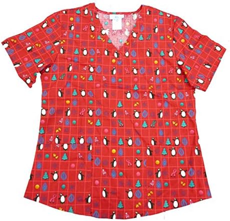 Simply Basic Women Red Penguin Christmas Medical Smock Nurse Scrubs Shirt Top XS