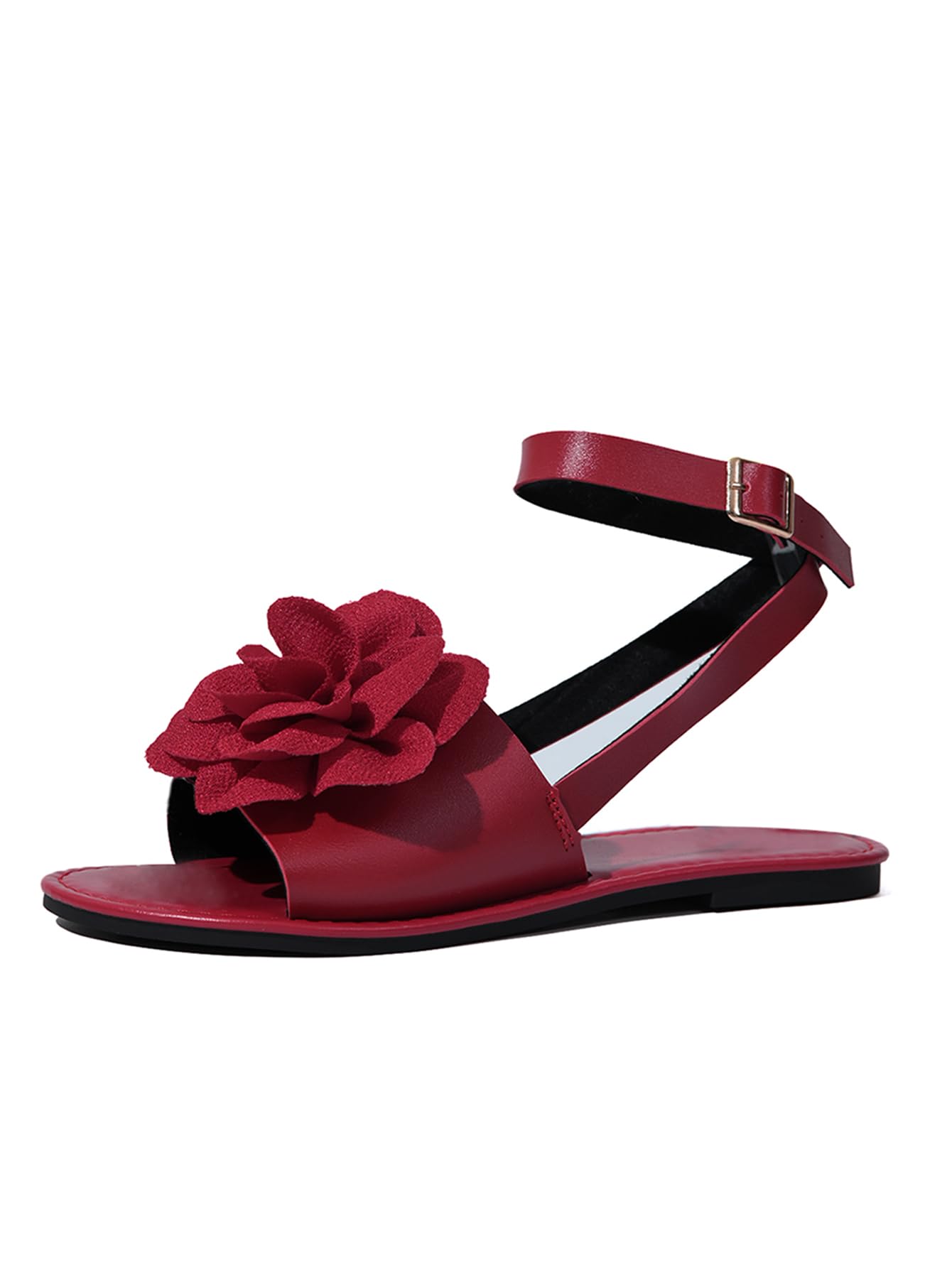 Photo 1 of Verdusa Women's 3D Flower Sandals Open Toe Ankle Strap Vacation Flat Sandals Red 9.5