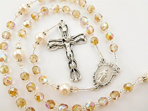 Golden Hued Sparkly Catholic Rosary Beads Set Five Decade Miraculous Medal READY TO SHIP