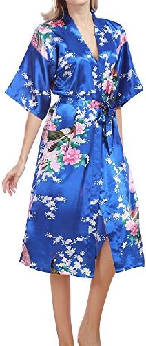 TIAQUE Womens Kimono Satin Robe Silk Nightwear Peacock and Blossoms Long Style (Royal Blue, XL)