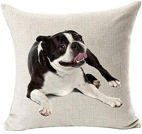 Cotton Linen Cute Funny Various Pet Dogs Human Friends Adorable Boston Terrier Tummy Throw Pillow Covers Cushion Cover Decorative Sofa Bedroom Living Room Square 18 Inches