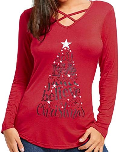 Women Christmas Sweatshirts, Sunyastor Sexy Front V Neck Long Sleeve Printed Letter Shirt Loose Tunic Tops