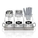 3 Glass Mason Jars with Black Chalk Label and Marker - 17 Ounces Clear Chalkboard Mugs on Galvanized Caddy with Handle - Home and Party Drinkware Set, Utensil Organizer, Vintage Rustic Decor…