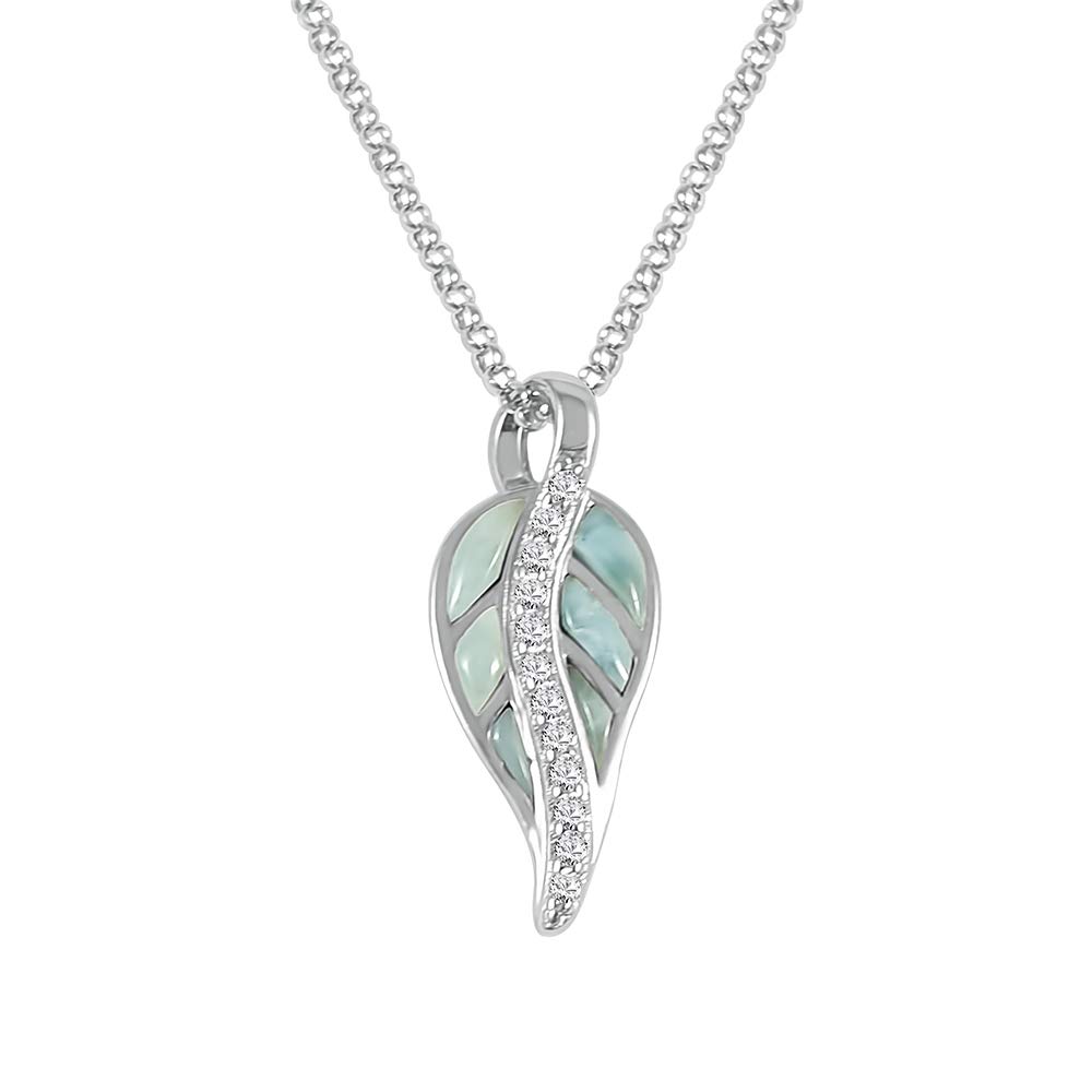 Kiara Jewellery 925 Sterling Silver Elegant Leaf Pendant Necklace Inlaid With Natural Larimar & Clear CZ on 18" Sterling Silver Chain