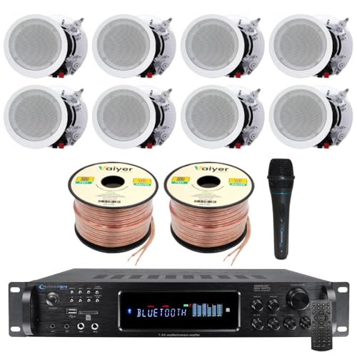 Vaiyer Framed Ceiling Speakers Kit – 8X 5.25” 175W Flush Mount Ceiling Speakers, 7.2 Channel 3500W Bluetooth Amplifier, Mic & 500ft Wire – in Ceiling Speaker System for Home Theater, Office Use