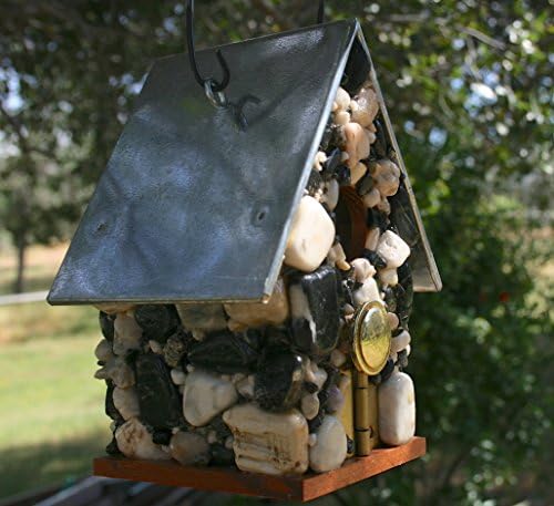 Outdoor Stone Birdhouse Black &amp; White Stones Dresser Knob Hinges and Small Padlock with an A frame roof in tin.