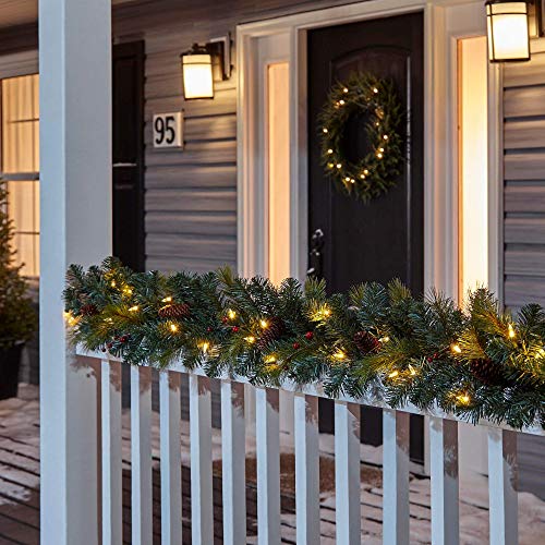 NOMA Prelit 9Ft LED Berry & Pinecone Christmas Garland with Battery Operated Lights 35 Warm