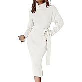 ZESICA Women's Turtleneck Sweater Midi Dress Long Sleeve Ribbed Knit Bodycon Slit Dress with Belt