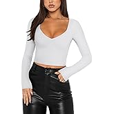 REORIA Women's Basic Sexy V Neck Long Sleeve Slim Fitted Cropped T Shirts Fall Fashion Going Out Crop Tops