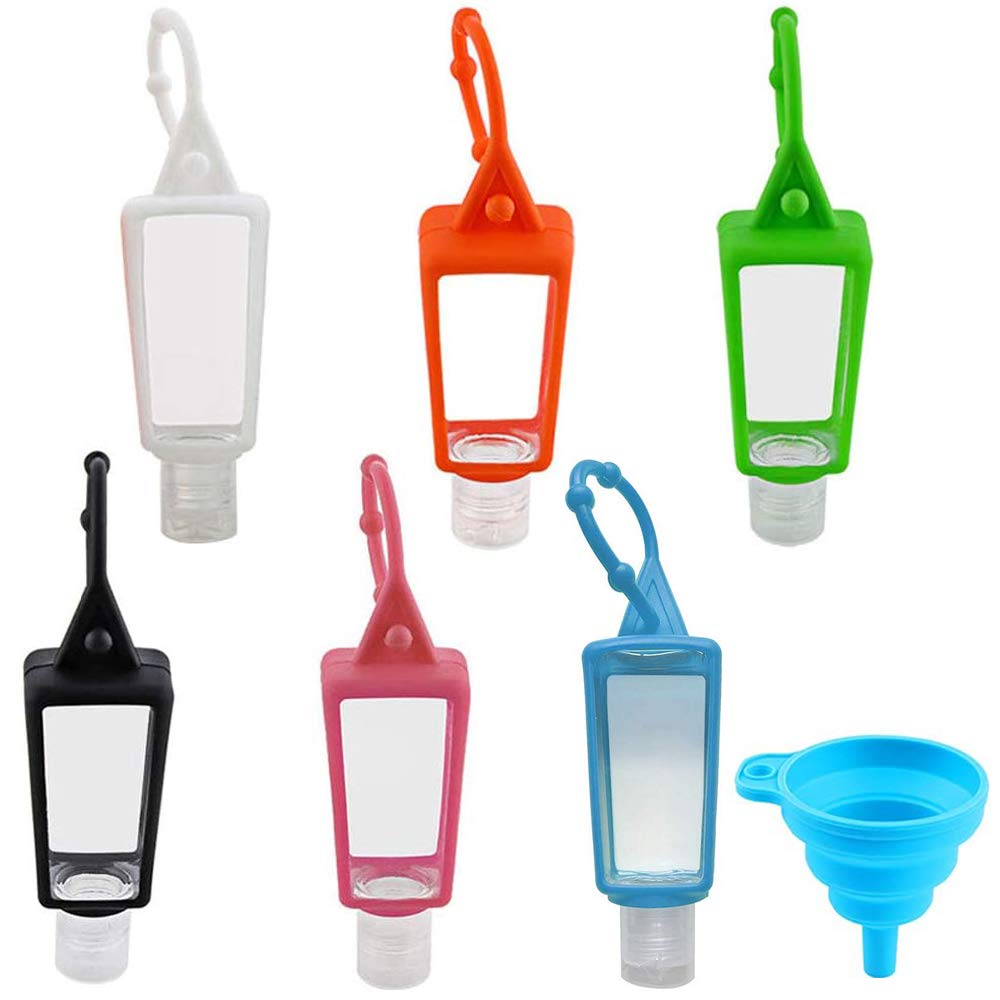 6 Pieces 30ml Travel Bottles and 1 Funnel, Refillable Bottles Travel Containers, Transparent Plastic Sealed Leakproof Cosmetic Bottle with Silicone Case for Cosmetic, Lotion, Shampoo Lotion