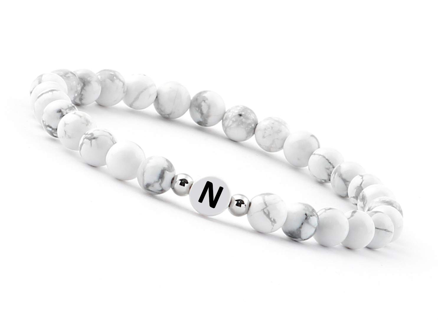 GOOD.designs ® Letter Bracelet made of natural white howlite gemstone and real silver coated beads, friendship-jewellery with initial charms (Letter N)