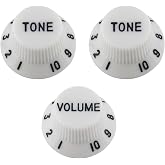 DIAO79NI 18-Spline Left-Handed Metric Strat Knobs 1 Volume 2 Tone Control Knobs Set Compatible with Import Squier Strat Style Electric Guitar, White/Black