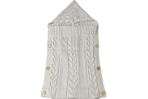 Baby Swaddle Blanket, Knit Sleeping Bag, Newborn Receiving Blanket, 0-12 Months, Hooded with Wooden Buttons (White, 75x35cm)