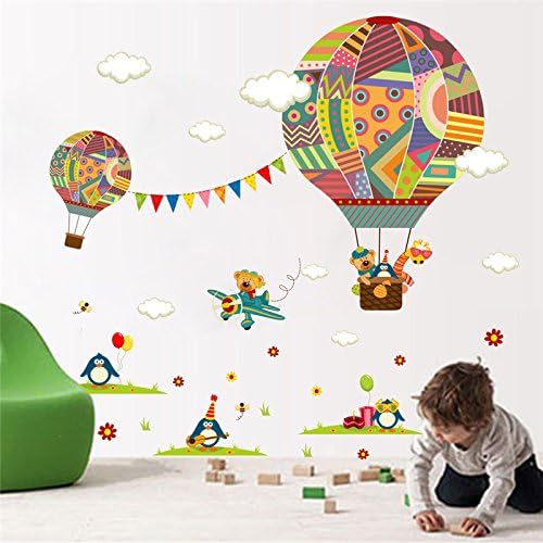 Ayutthaya Shop Colorful Hot Air Balloon Wildlife Nursery Room Wall Sticker Giraffe Baby Bear Room Decor Wall Sticker Poster Mural