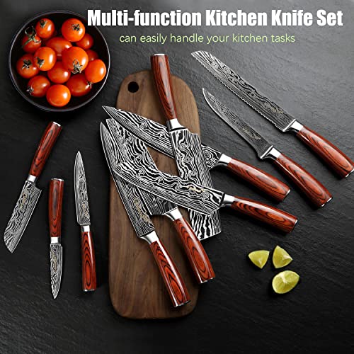 VINNAR Kitchen Chef Knife Sets 10 piece Box, Multifunctional kitchen Knives Japanese Professional High Carbon Stainless Steel with Red Solid Wood Handle for Vegetable Meat Fruit Cutting