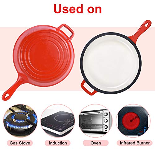 Enameled 2-In-1 Cast Iron Multi-Cooker - Heavy Duty 3.2 Quart Skillet and Lid Set, Cast Iron Saucepan and Shallow Skillet Lid Set Sauce Pot & Nonstick Frying Pan (Red)