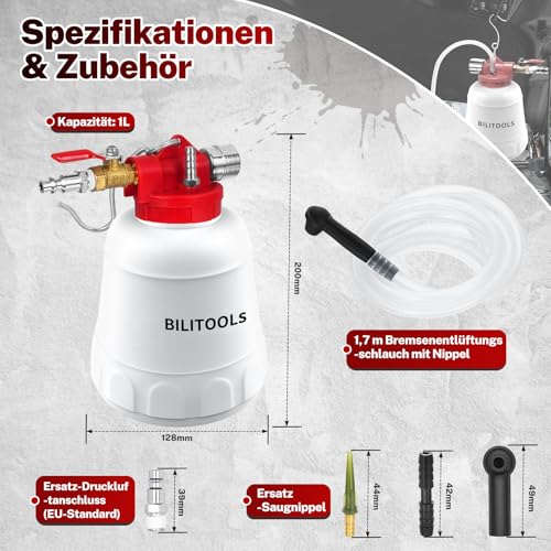 BILITOOLS 1L Universal Brake Bleeding Device Motorcycle & Car - Compressed Air Vacuum Brake Fluid Changer - Professional Brake Bleeding Set Including 4 Adapters