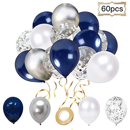 12 inch Navy Blue and Silver Confetti Balloons, White Pearl and Silver Metallic Party Balloons for Wedding or Birthday Decorations(60 pcs)