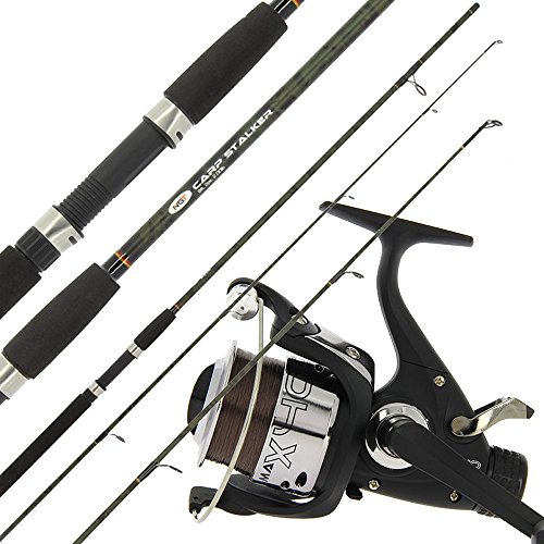 NGT 2,4 m 2 Stück Camo Stalker Angelrute + Max 40 2BB Karpfenläuferrolle & Schnur